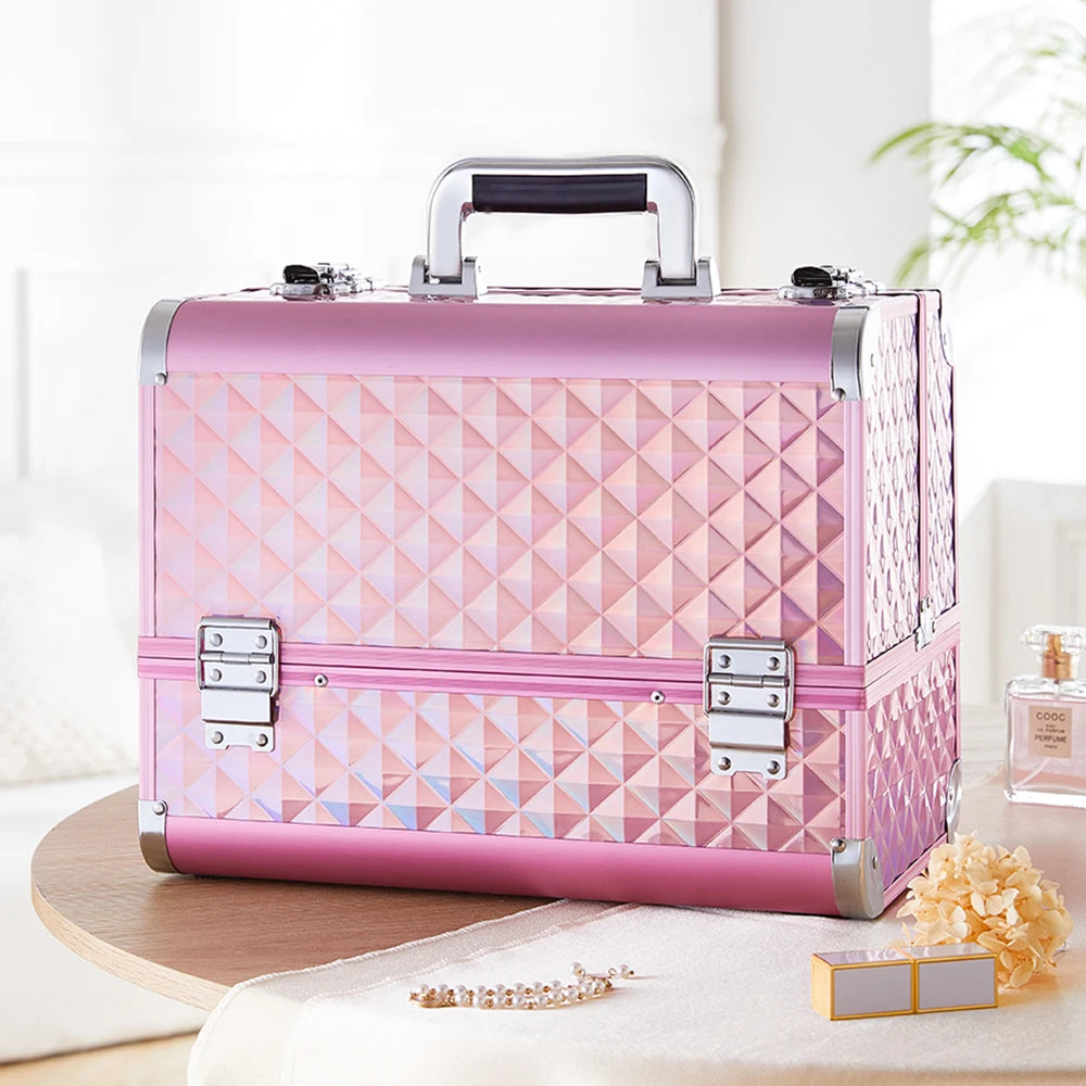 Modishion Professional Makeup Case Portable Makeup Case 2 Trays with Mirror Makeup Tool Storage Box Travel Makeup Case