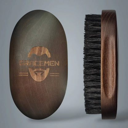 Gracemen Premium Dark Retro Beard Brush Oval Facial Brush for Men - 100 % Boar Bristle and Old-Styled Wooden Handle Hair Comb