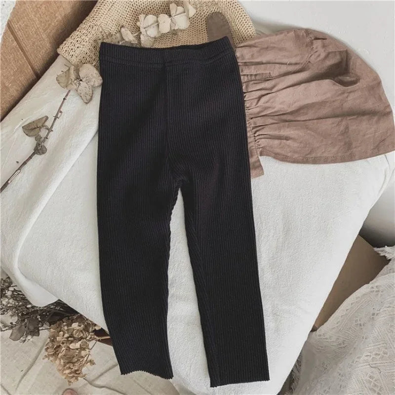 Autumn Baby Girl Leggings Solid Color Ribbed Knit Stretchy Pants 0-6Y Toddler Casual Daily Wear Pantyhose
