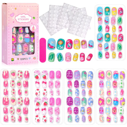 120Pcs Children's Press on Nails Kids Cartoon Acrylic Fake Nails Tips Kawaii Girl Full Cover Short False Nails With Jelly Glue#@