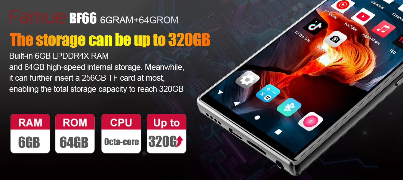 Famue MP3 Player Android 13 with Bluetooth and WiFi，MP3 MP4 Player with Spotify，Audible，Pandora，Standalone / Networked Version