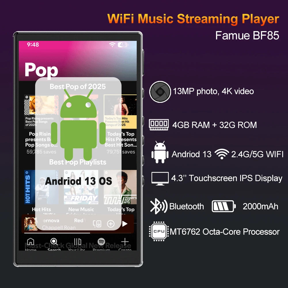 Famue MP3 Player Android 13 with Bluetooth and WiFi，MP3 MP4 Player with Spotify，Audible，Pandora，Standalone / Networked Version