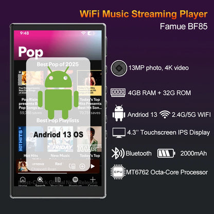 Famue MP3 Player Android 13 with Bluetooth and WiFi，MP3 MP4 Player with Spotify，Audible，Pandora，Standalone / Networked Version