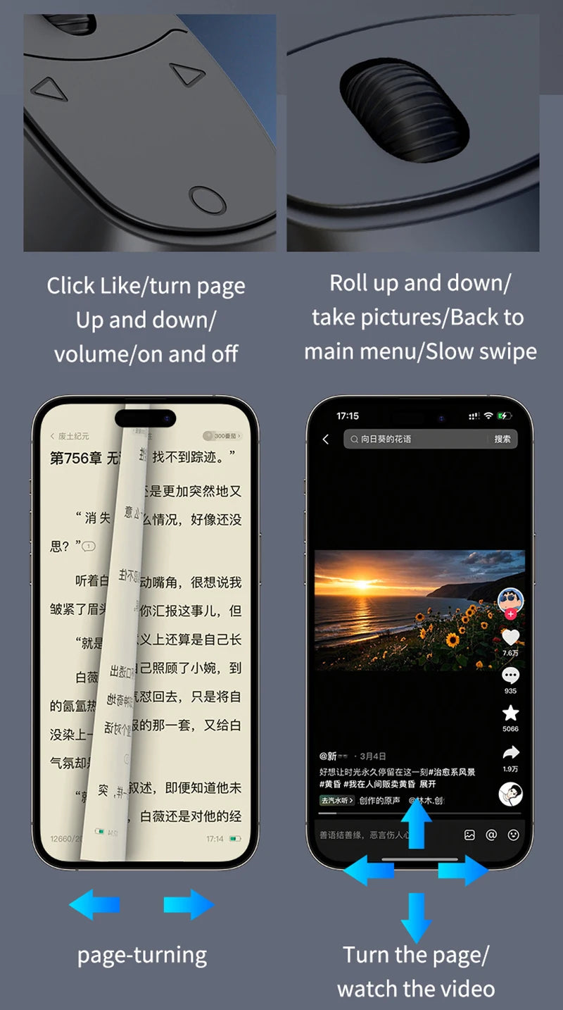 Remote Control Wireless Bluetooth Roller Fingertip Ring  portable Mobile Selfie Mice Video Automatic Page Turner Browsing Ring