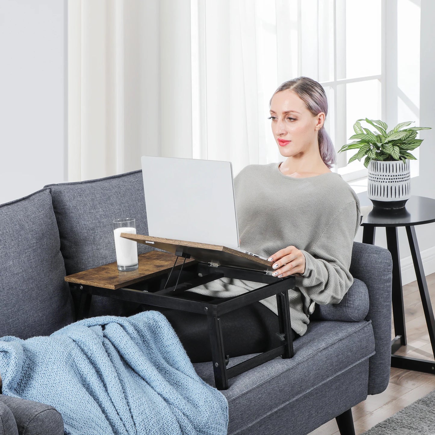 SONGMICS Laptop Desk for Bed or Sofa with Adjustable Tilting Top, Breakfast Serving Tray with Height Adjustable Folding Legs