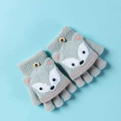 Flip Fingerless Gloves Autumn Winter Children Knitted Gloves Cute Cartoon Fox Warm Half-Finger Gloves