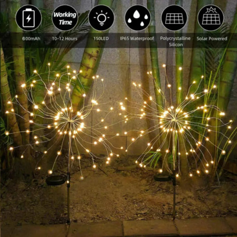 2X Solar Power 150LED Firework Garden Path Light Starburst Stake Outdoor Lamp UK