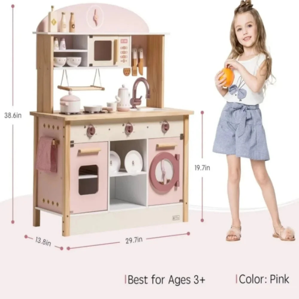 Robotime Robud Kids Corner Kitchen Playset Wooden Play Kitchen Set with Realistic Sound Pretend Play Gift for Boys Girls Pink