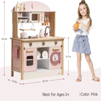 Robotime Robud Kids Corner Kitchen Playset Wooden Play Kitchen Set with Realistic Sound Pretend Play Gift for Boys Girls Pink