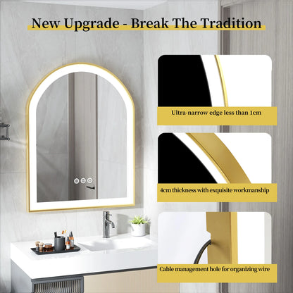 Gold Bathroom Mirror with Lights 36" LED Backlit Arch Wall Mirror Brushed Frame Touch Antifog 3 Colors Lights Adjust