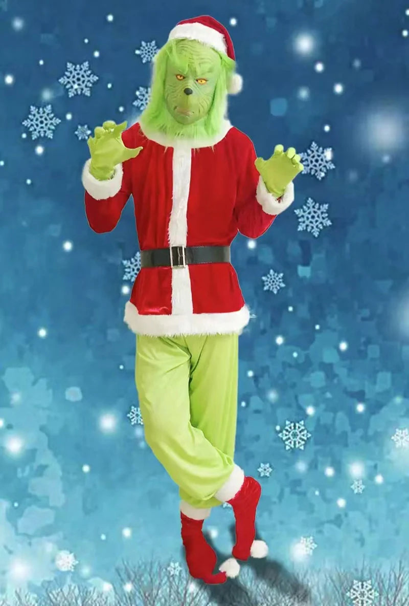 Grinch Christmas Costume for Adults Green Fleece Santa Suit with Red White Trim Festive Holiday Party Outfit Cosplay Full Set