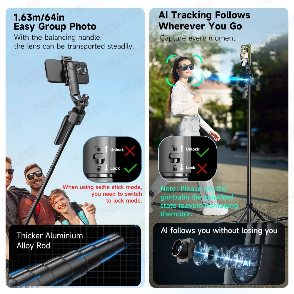 Tripod for Mobile Phone 360°Auto-Rotation Shooting C17 Quadrapod Selfie Stick Phone Stand AI Face Following, with Remote Control