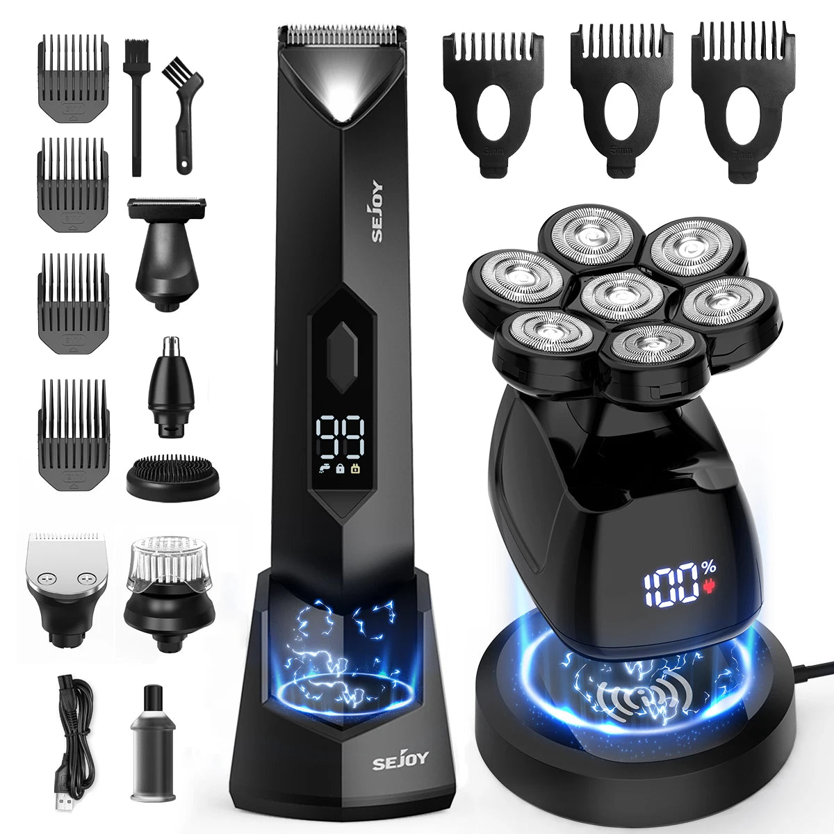 Sejoy Bald Men Hair Clippers Set Body Hair Shaving Machine Electric Head Shaver Facial Beard Trimmer Stainless Steel Blades