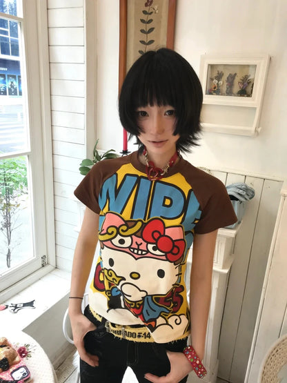 Sanrio Hello Kitty New Anime Fashion Short Tops Y2k Summer Cute Tees Cartoon Printed High Street Gothic Short Sleeve T-shirts