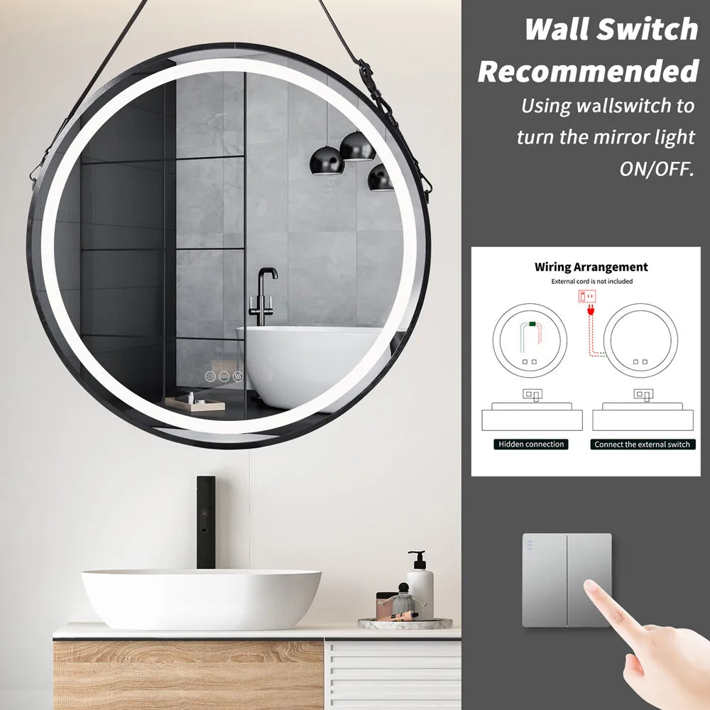 LUVODI Bathroom Light Mirror Round Black Gold Frame Bathroom Dimmable Fogless Mirror with Detachable Rope