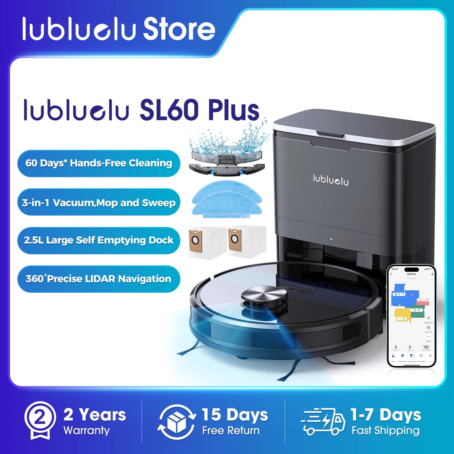 Lubluelu SL60 Plus Robot Vacuum Self Emptying, Hands-free Up To 60 Days, 4000pa Robot Vacuum And Mop Combo 3 In 1 Robotic Vacuum
