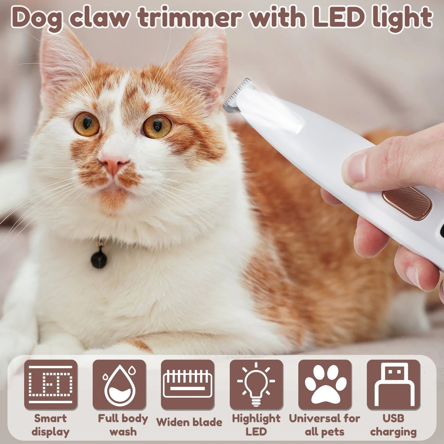 Electric Pet Paw Trimmer Rechargeable Cat Paw Clipper Low Noise Dog Paw Trimmer Kit with LED Light Waterproof Pet Grooming Tools