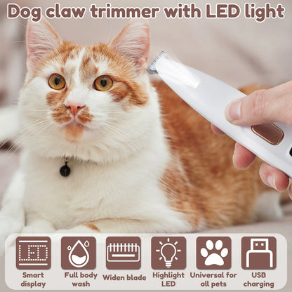 Electric Pet Paw Trimmer Rechargeable Cat Paw Clipper Low Noise Dog Paw Trimmer Kit with LED Light Waterproof Pet Grooming Tools