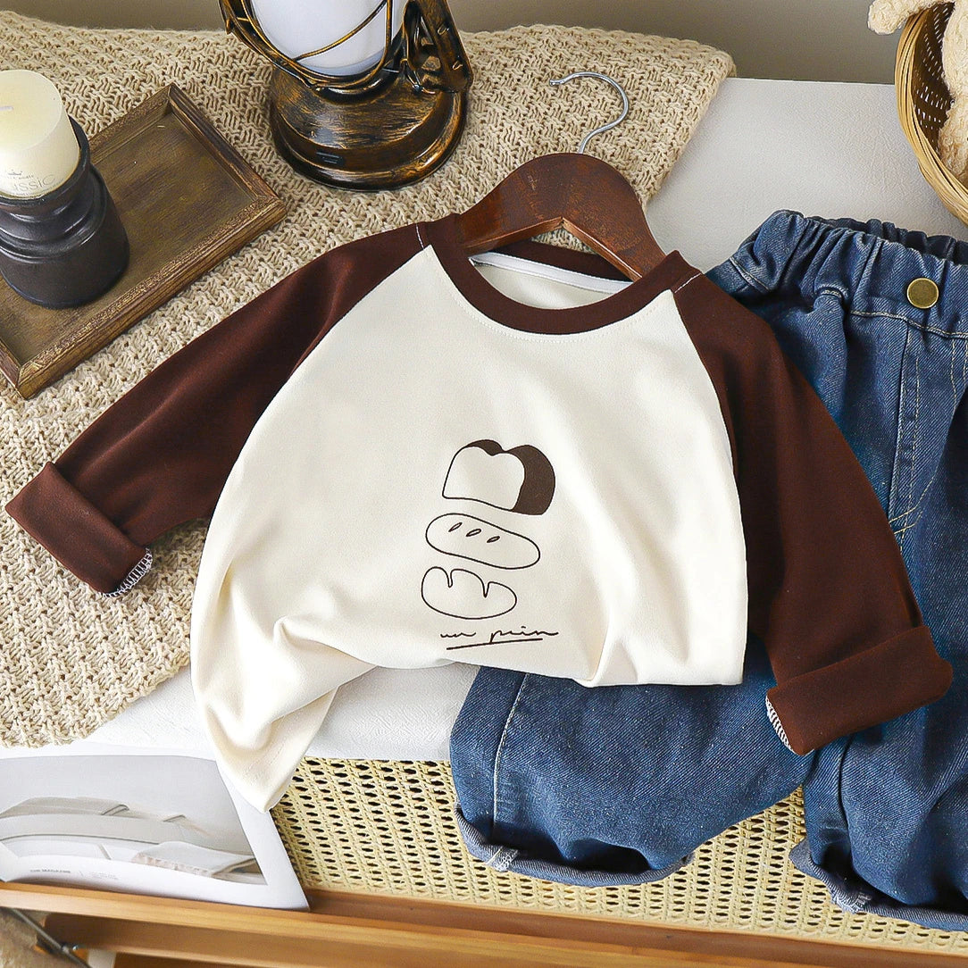 1-12Y Children's Velvet Base Shirt 2025 Spring Long Sleeved Casual Tee Baby Girls Boys Patched Color Round Neck Outerwear Tops