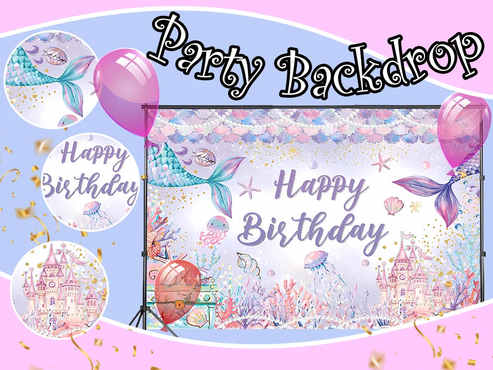 Dewprint Mermaid Backdrop Under The Sea Photography Background Decoration Supplies Girls Princess Birthday Party Banner