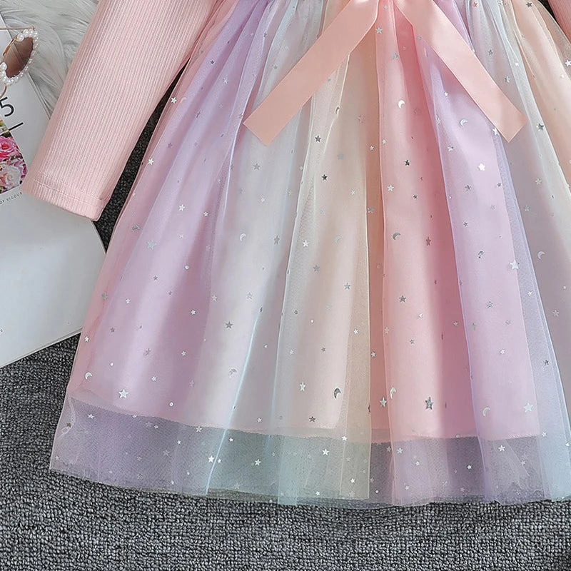 Girls Dress Blue Autumn Princess Dress Kids Clothes Birthday Party Dress Pink Long-sleeved for Children Fashion Rainbow 1-6Y