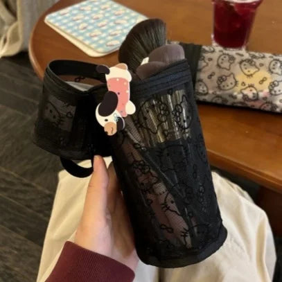 Sanrio Mesh Hello Kitty Black and White Pencil Case Zero Wallet Headphone Bag Girl's Portable Makeup Brush Storage Bag Gift