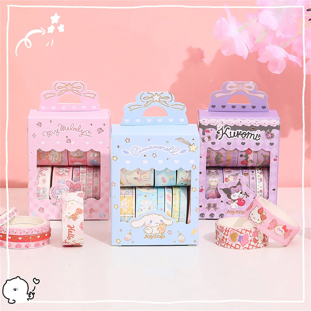 10Roll/Box Sanrio Kuromi Cinnamoroll Meloyd Tape Sticker Cute Cartoon Hello Kitty Handbook DIY Hot Stamping Stickers Kids Toys