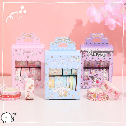10Roll/Box Sanrio Kuromi Cinnamoroll Meloyd Tape Sticker Cute Cartoon Hello Kitty Handbook DIY Hot Stamping Stickers Kids Toys