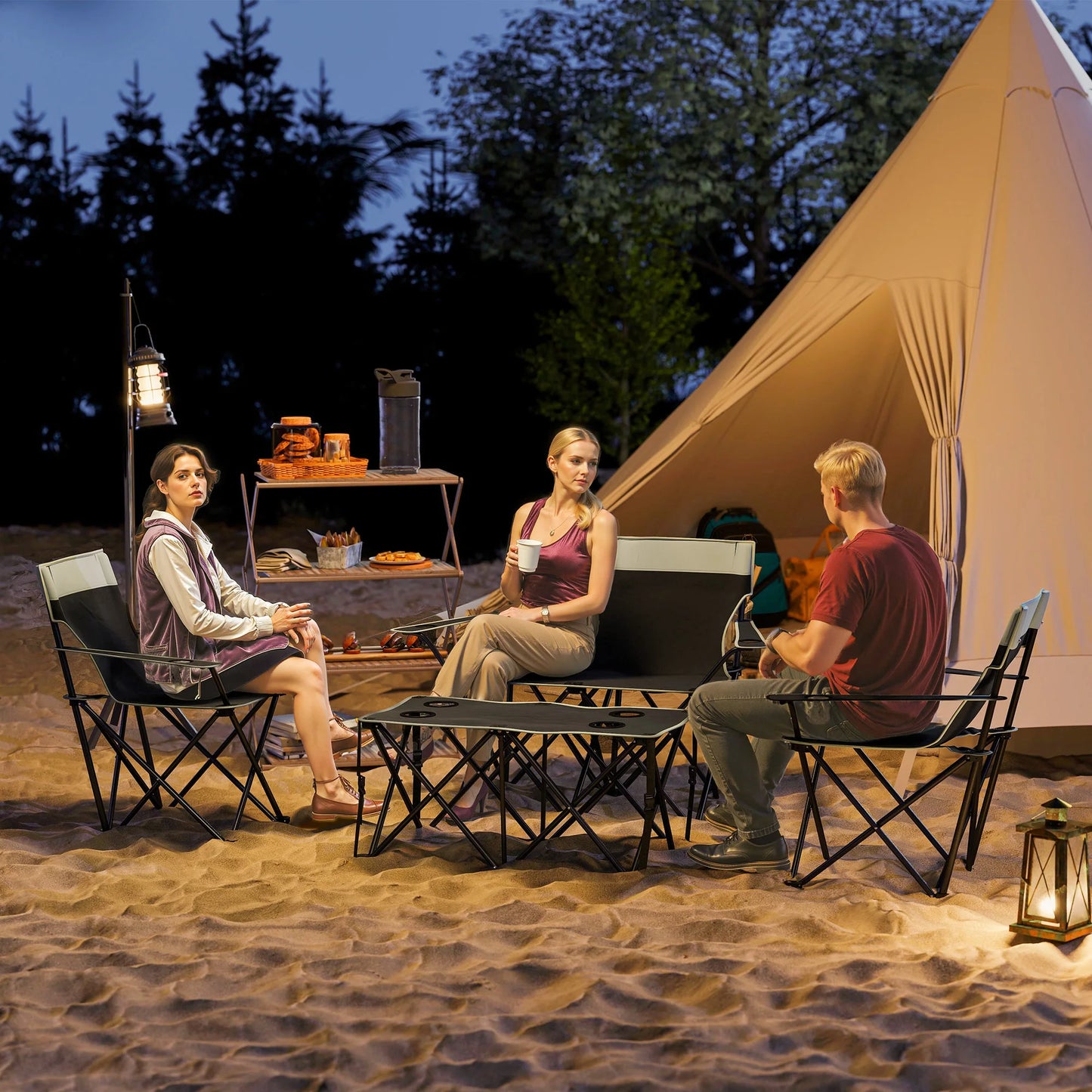 Outsunny 4 Piece Foldable Camping Table and Chairs Set, Grey