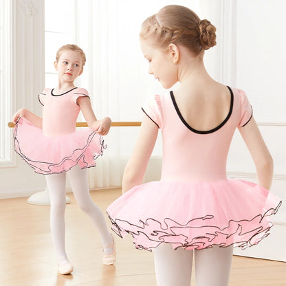Girls Pink Ballet Leotard with Tutu Short Sleeve Dance Bodysuit for Toddler Girls Cotton Ballerina Wear
