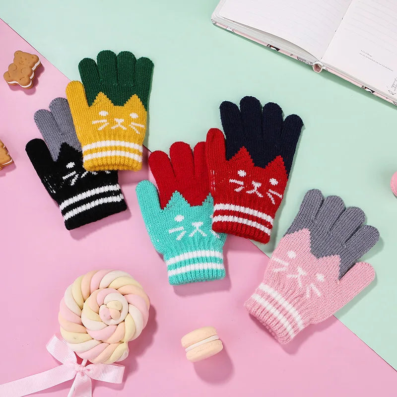 Cute Cartoon Kids Knitted Gloves Thick Fleece Children Five Finger Mittens 4-10Year Boys Girls Winter Hand Warmer Fashion Gloves