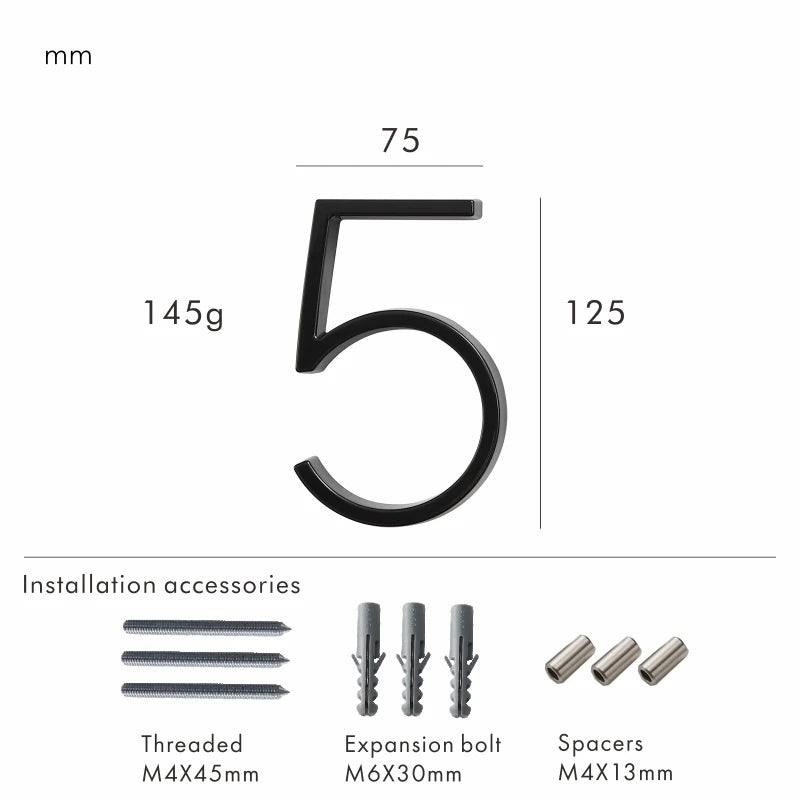 Nurlin 5 inchs 125mm Luxury Address Big House Numbers Modern Gold Black Silver Floating Signage Outdoor Digits Mailbox Sign