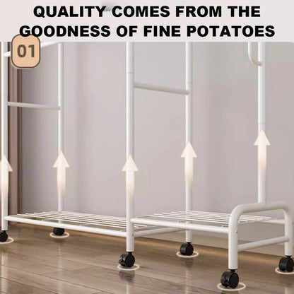 Coat Rack Movable Double Tier - Floor Standing Clothes Rail with Wheels for Bedroom Storage