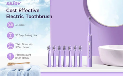SEJOY Electric Sonic Tooth Brush for Adult USB Rechargeable Electric Toothbrush Washable with 7 pcs Replacement Heads