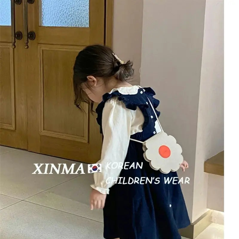 Girls Embroidered Corduroy Dress Set - Premium 2-Piece Doll Collar Shirt & Strap Skirt Outfit