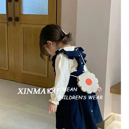 Girls Embroidered Corduroy Dress Set - Premium 2-Piece Doll Collar Shirt & Strap Skirt Outfit