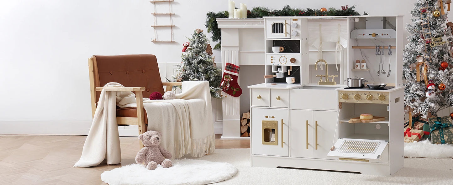 ROBOTIME Wooden Play Kitchen Toy Kitchen Set with Ice Maker and Coffee Machine Realistic Kitchen Set Gift for Toddlers