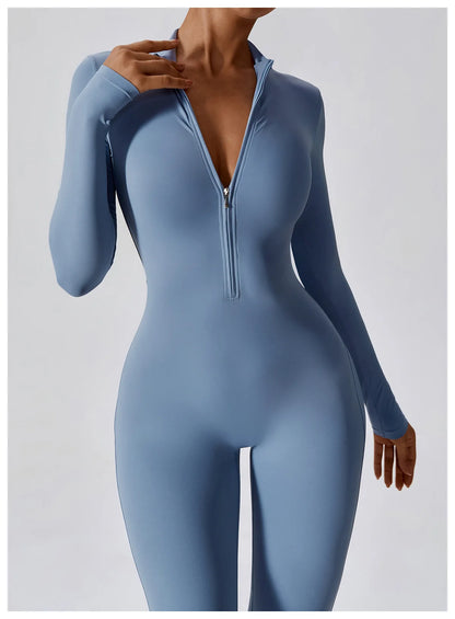 Women's Zipper Yoga Jumpsuit - Long Sleeve Workout Bodysuit for Gym & Fitness