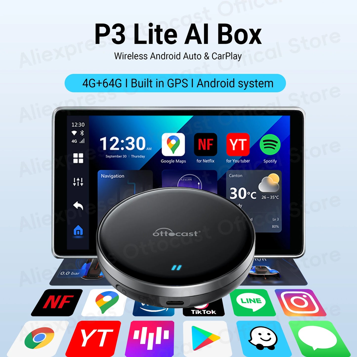 OTTOCAST New P3 Lite OttoAiBox Wireless CarPlay Android AI Box for Youtube for TikTok Car Accessories for OEM CarPlay Car Gift