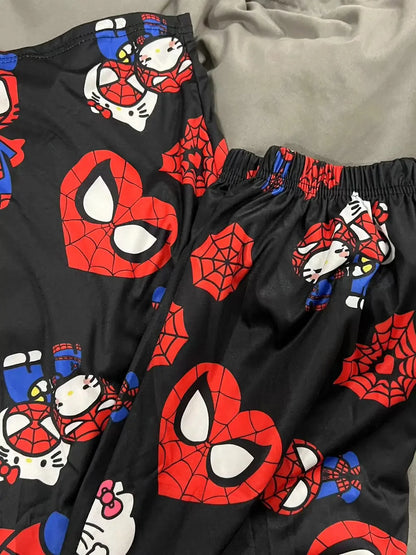 Hello Kitty Spider-Man Anime-Pyjamahose, Y2K-Cartoon-Stil, lockere Hose, Familienkleidung, Partnerhose, Geschenk für Mädchen