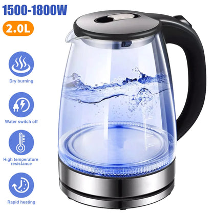 2L 1800W Electric Kettle Glass Fast Boil  Blue LED household appliance With Stainless Steel Fast Boiling Portable Jug Security