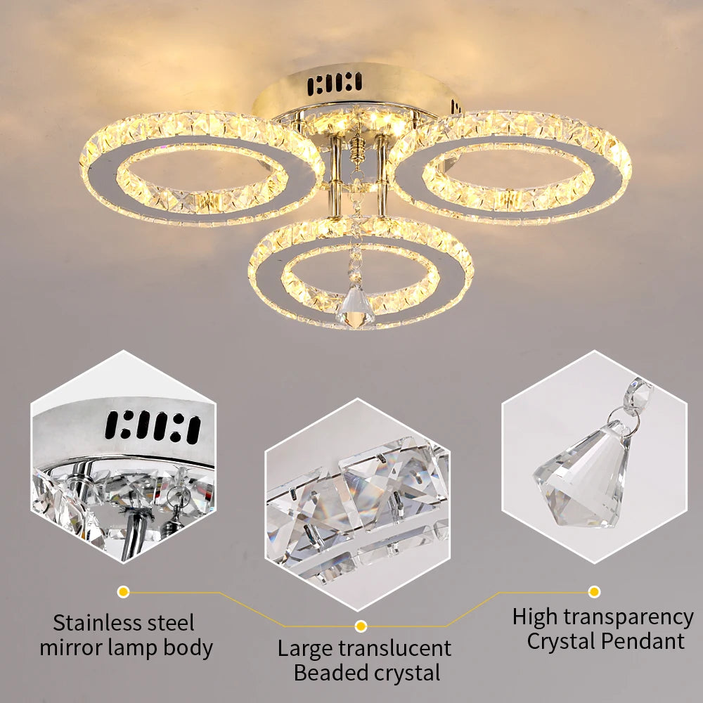 Modern K9 Crystal Led Rings Ceiling Lamp Chandelier Pendant Light Dimmable Luminaire Bedroom Living Dining Room Decor Fixture