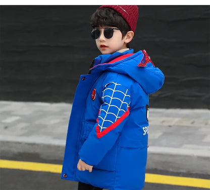 Boys Spiderman Winter Jacket - Thick Warm Hooded Down Parka Coat for Kids