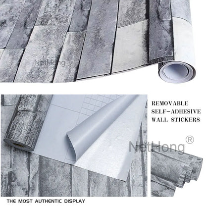 6M 3D Gray Stone Brick Effect Wallpaper Vinyl Self Adhesive Wall Stickers
