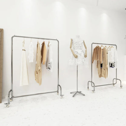 Floor-To-Ceiling Adjustable Stand Mobile Clothes Rail With Wheel Clothing Shop Stainless Steel Display Rack