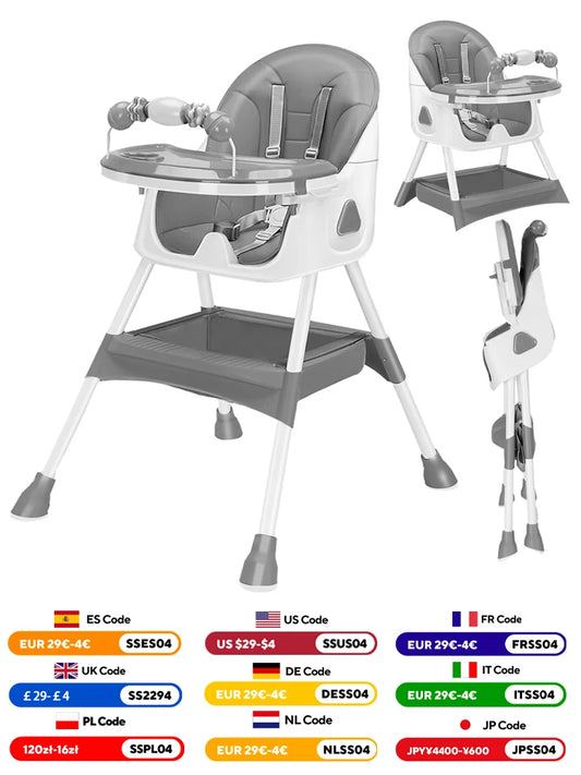 3-in-1 Baby HighChair, Foldable Portable Baby Dining Chairs Eat & Play Convertible High Chair with Double-Layer Dinner Plate