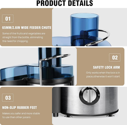 Entsafter, Saftpresse, Obst- und Gemüsesaftentferner, Kompakter Entsafter mit 3 Geschwindigkeitsstufen, 500 ml Fassungsvermögen, Tropfstopp