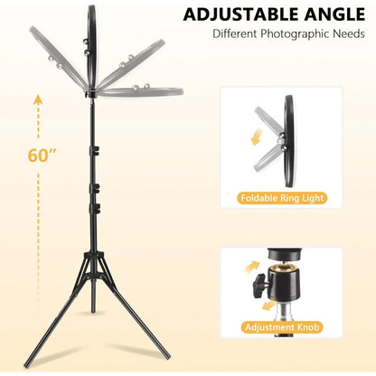 10-Inch LED Ring Light Foldable with 1.1m Tripod Stand +O-Clamp,3 adjustable lighting modes for Photography, Live Stream, Makeup