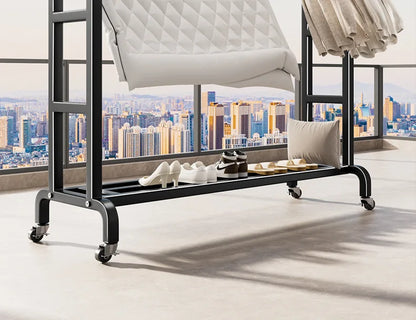 Movable Coat Rack With Universal Wheels Multifunctional Double-deck Simple Clothes Hanger Floor-Standing Bedroom Wardrobe