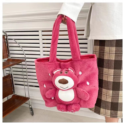 Disney 2025 New Cartoon Plush Doll Shoulder Bag Sweet and Cute Stitch Strawberry Bear Soft Cute Girls Handbag